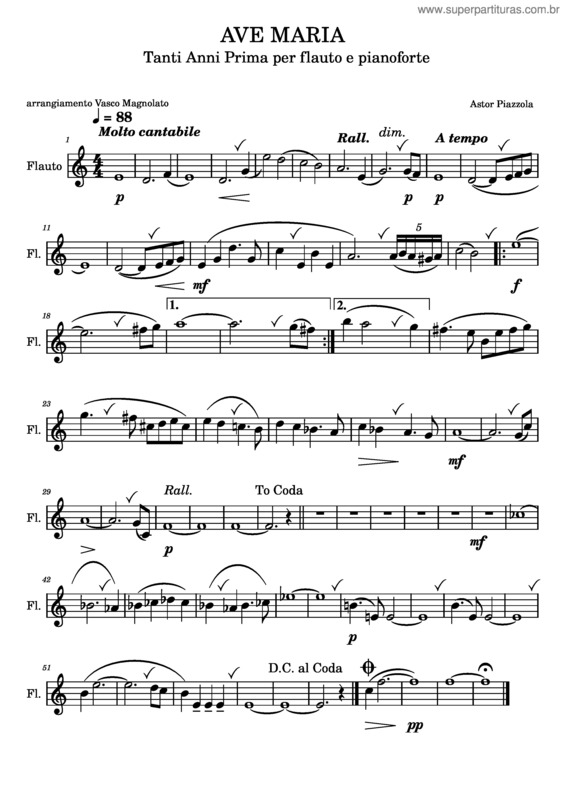 Partitura da música Astor Piazzolla, Ave Maria, Per Flauto E Pianoforte