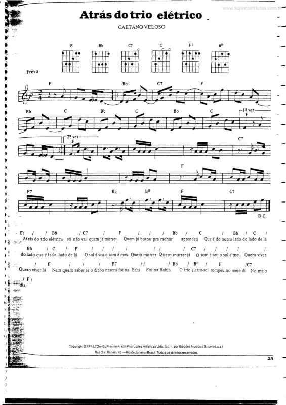 Partitura da música Atás do Trio Elétrico