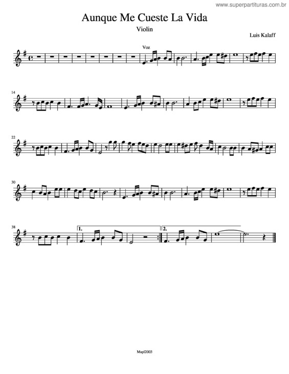 Partitura da música Aunque Me Cueste La Vida