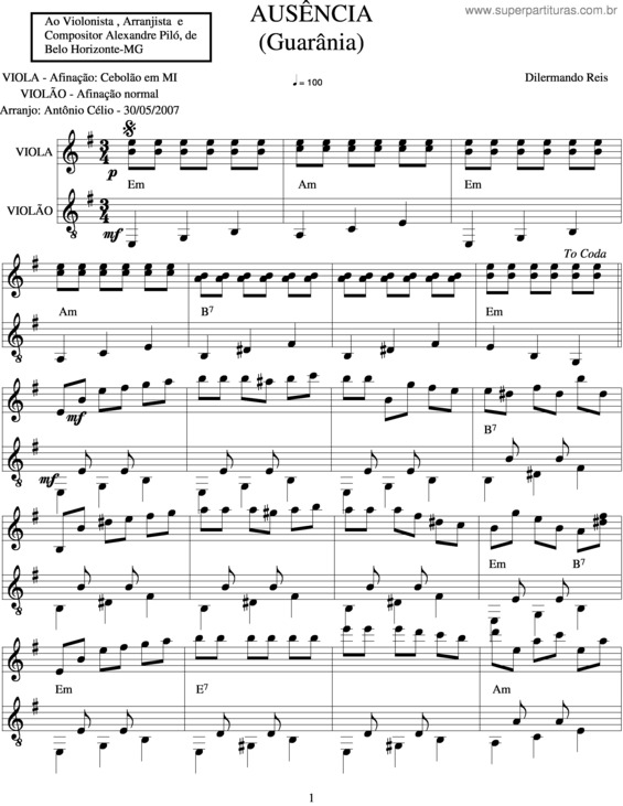 Partitura da música Ausência 