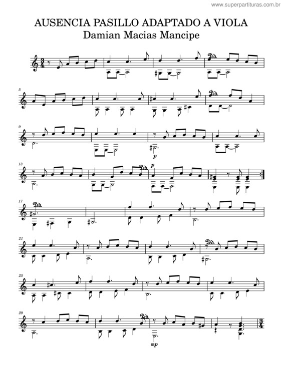 Partitura da música Ausencia Pasillo Viola