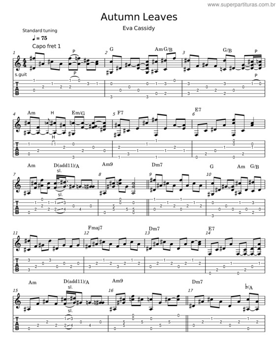 Partitura da música Autumn Leaves – Eva Cassidy