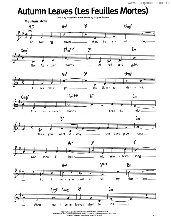 Partitura da música Autumn Leaves (Les Feuilles Mortes)