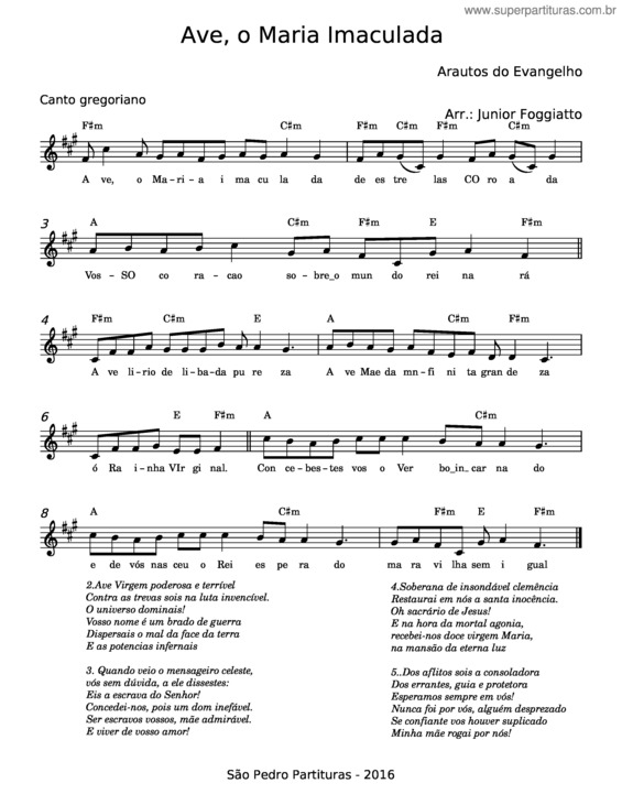 Partitura da música Ave, Ó Maria Imaculada – Arautos Do Evangelho