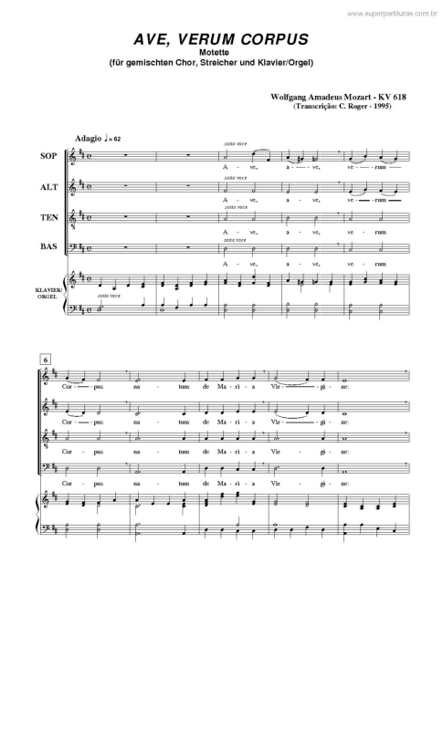 Partitura da música Ave, Verum Corpus