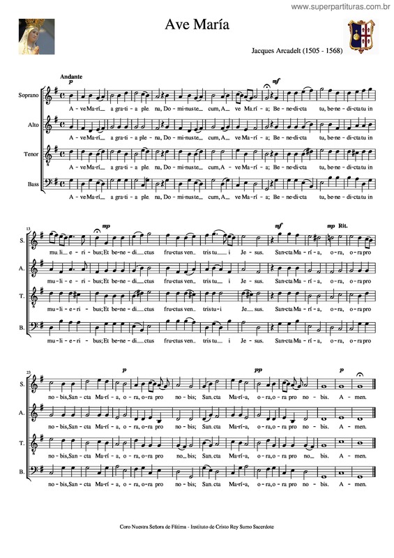 Partitura da música Ave María – Arcadelt