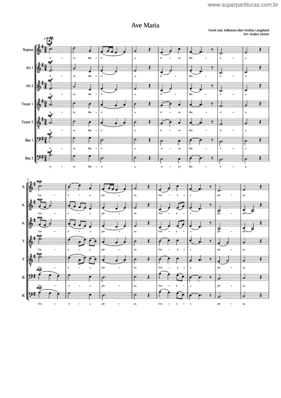 Partitura da música Ave Maria – Arr. Anders Jormin
