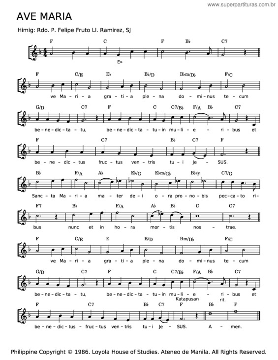 Partitura da música Ave Maria – Felipe Fruto Li. Ramirez S.J.
