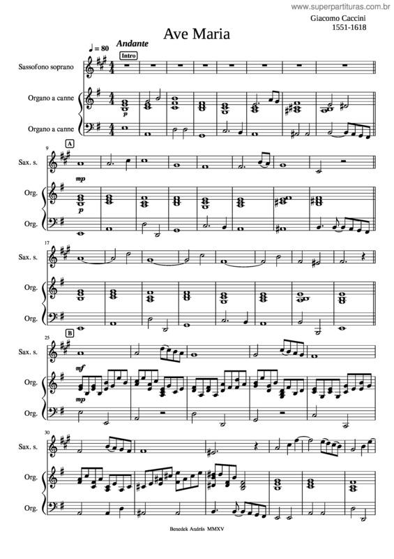 Partitura da música Ave Maria – Giacomo Caccini – Sopr. Sax  & Church Organ