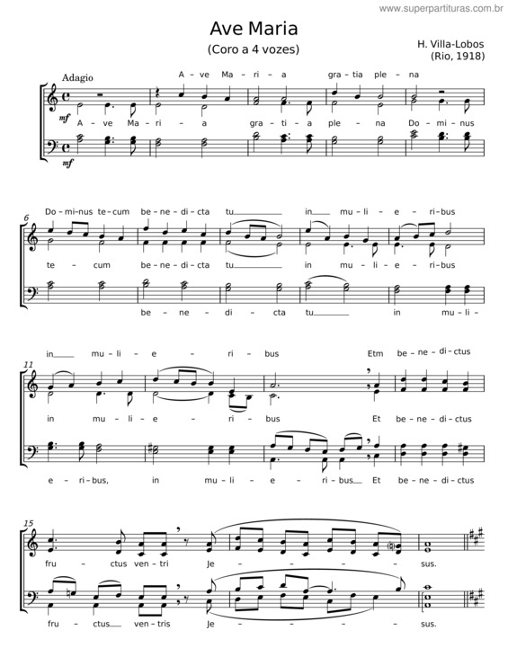 Partitura da música Ave Maria – Heitor Villa–Lobos