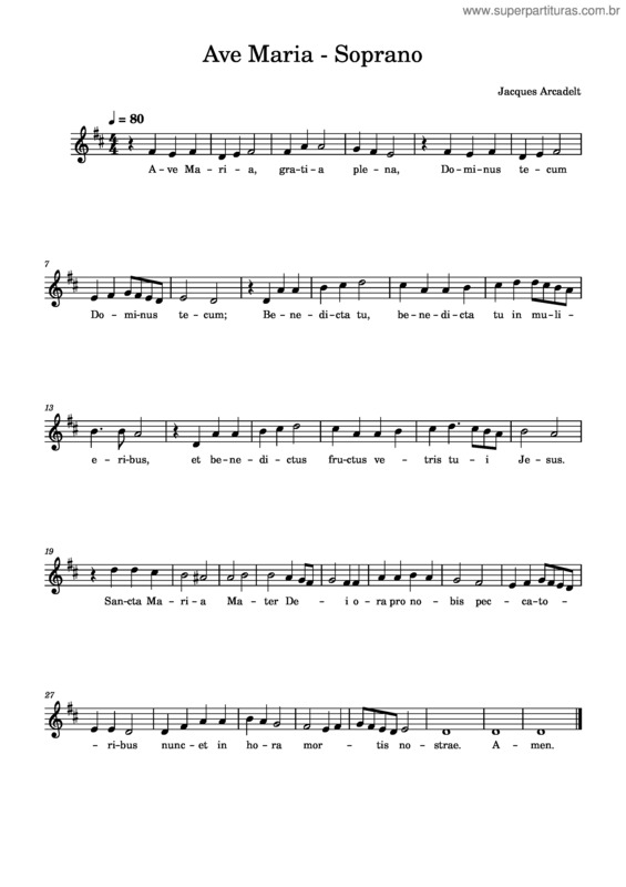 Partitura da música Ave Maria – Jacob Arcadelt Soprano
