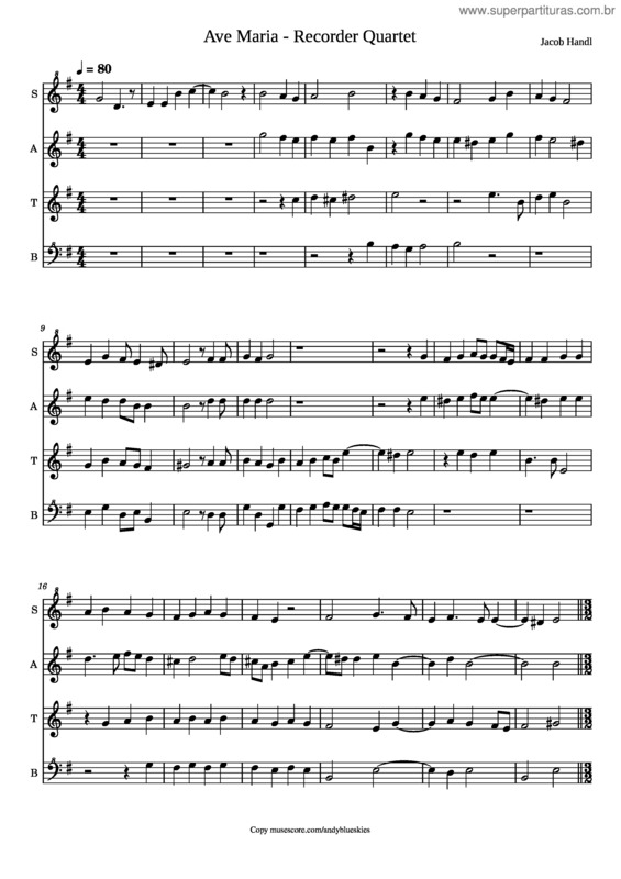 Partitura da música Ave Maria – Jacob Handl – Recorder Quartet