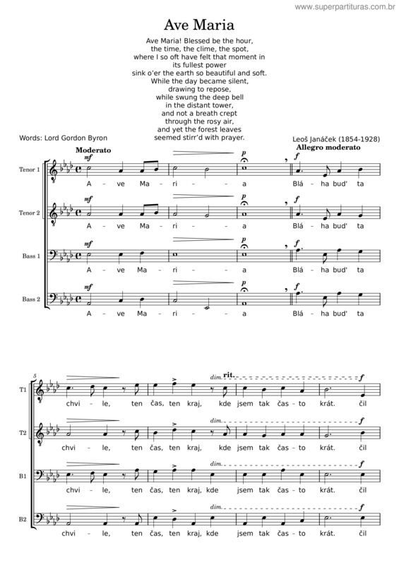 Partitura da música Ave Maria – Janacek