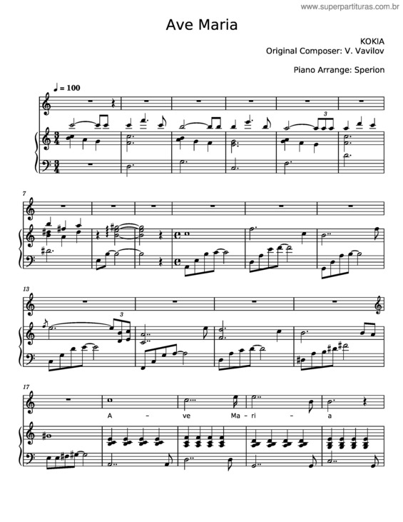 Partitura da música Ave Maria – Kokia