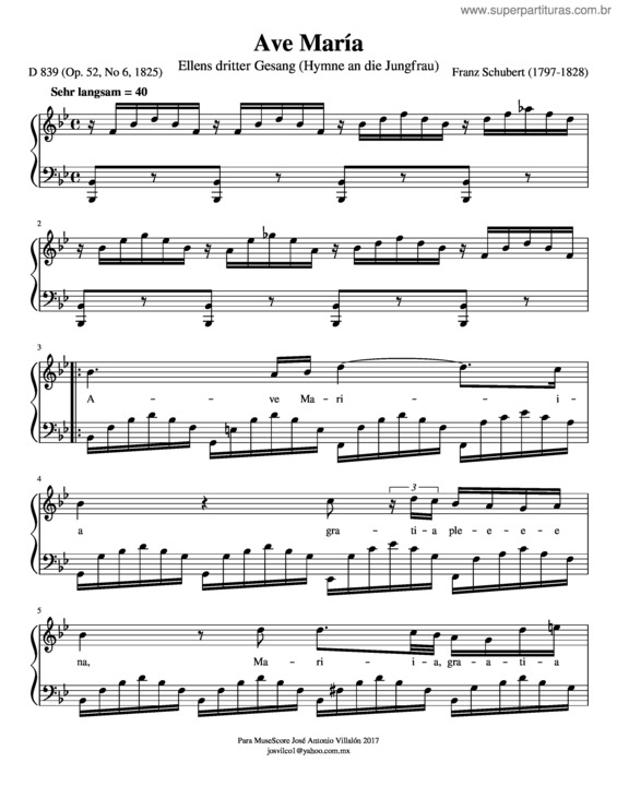 Partitura da música Ave Maria – Schubert Bb