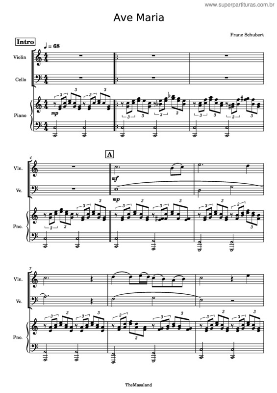 Partitura da música Ave Maria – Shubert : Violin, Cello & Piano Trio