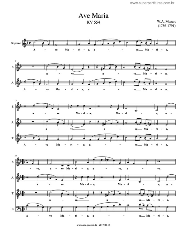 Partitura da música Ave Maria – W A Mozart