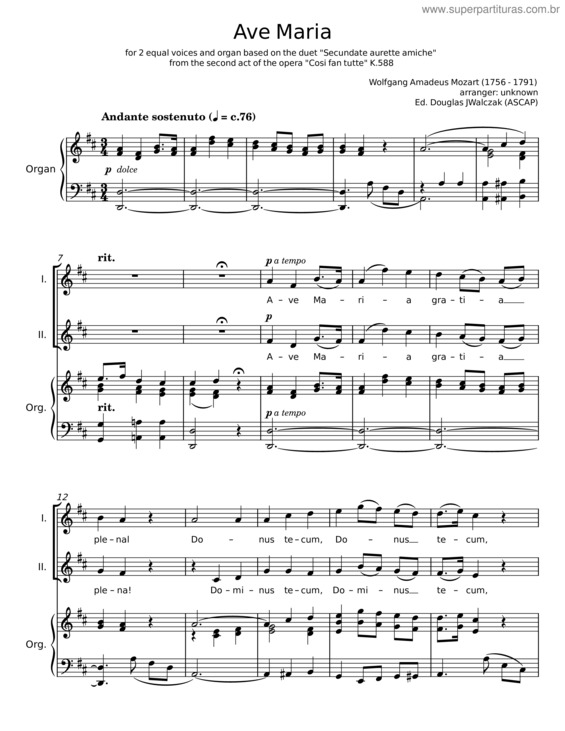 Partitura da música Ave Maria – Wolfgang Amadeus Mozart