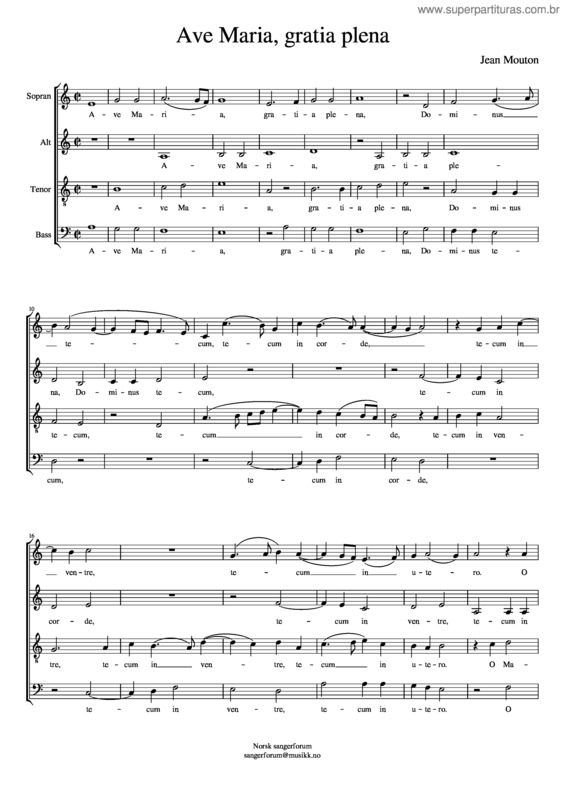 Partitura da música Ave Maria, Gratia Plena – Jean Mouton