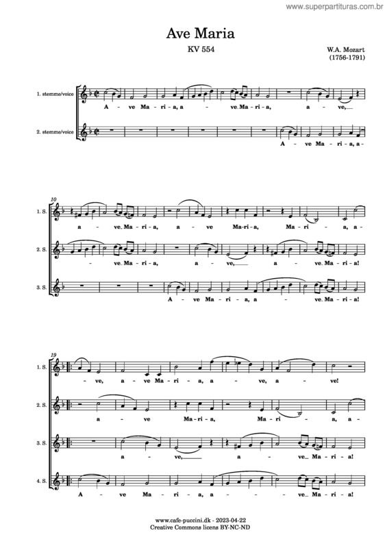 Partitura da música Ave Maria, Kv 554 – Mozart
