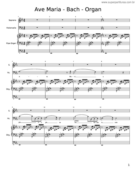 Partitura da música Ave Maria Bach Gounod Organ Cello Soprano