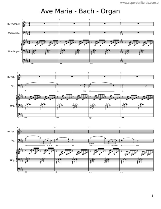 Partitura da música Ave Maria Bach Gounod Organ Cello Trumpet
