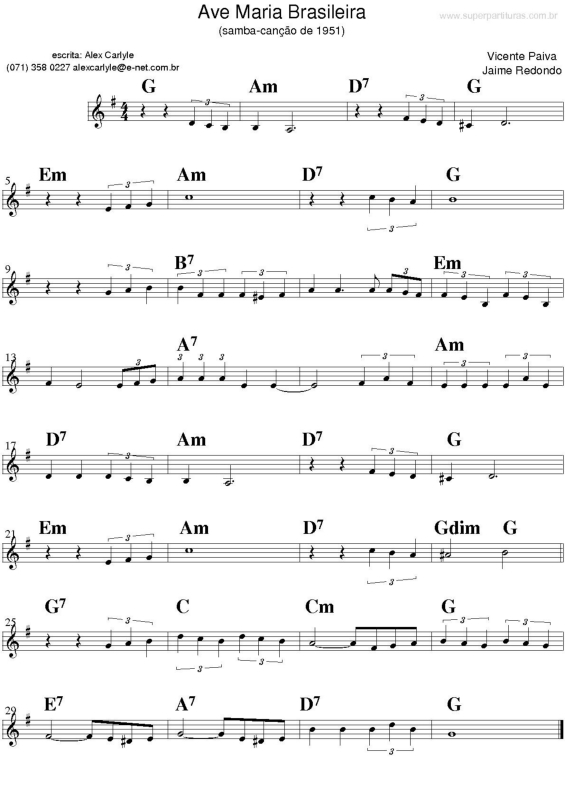 Partitura da música Ave Maria Brasileira