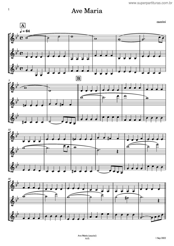 Partitura da música Ave Maria Caccini For Violin Trio – Francesca Caccini