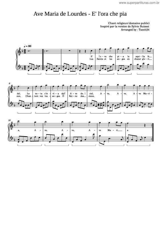 Partitura da música Ave Maria De Lourdes – Alexandre Lesbordes Ave Maria De Lourdes – E` L`Ora Che Pia