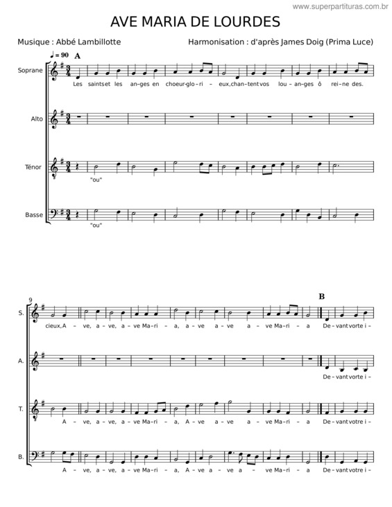 Partitura da música Ave Maria De Lourdes – James Doig;Prima Luce;Abbé Lambillotte