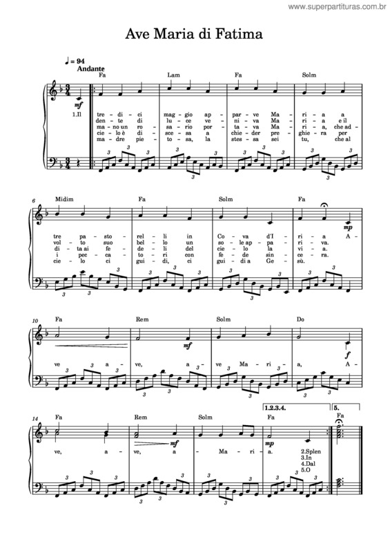 Partitura da música Ave Maria Di Fatima