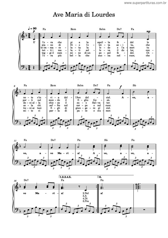 Partitura da música Ave Maria Di Lourdes