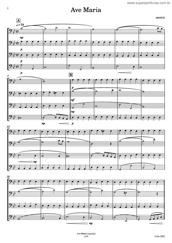 Partitura da música Ave Maria For Cello Quartet – Giulio Caccini