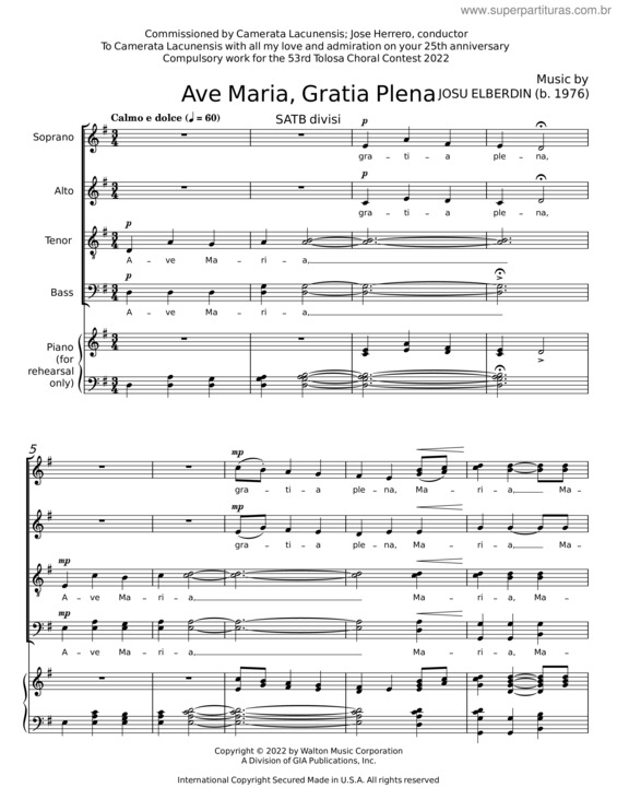 Partitura da música Ave Maria Gratia Plena – Beltrame Feragut
