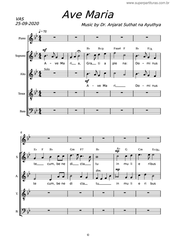 Partitura da música Ave Maria In Bb – Dr. Anjarat Suthat Na Ayuthya