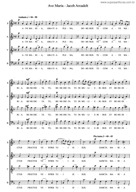 Partitura da música Ave Maria J. Arcadelt – Satb – Piu Lento Faster