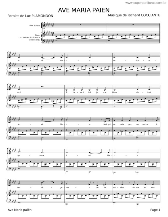 Partitura da música Ave Maria Paien – Luc Plamondon