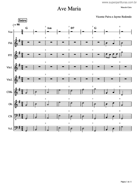 Partitura da música Ave Maria Vicente Paiva.