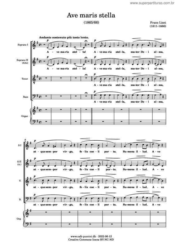 Partitura da música Ave Maris Stella – Franz Liszt