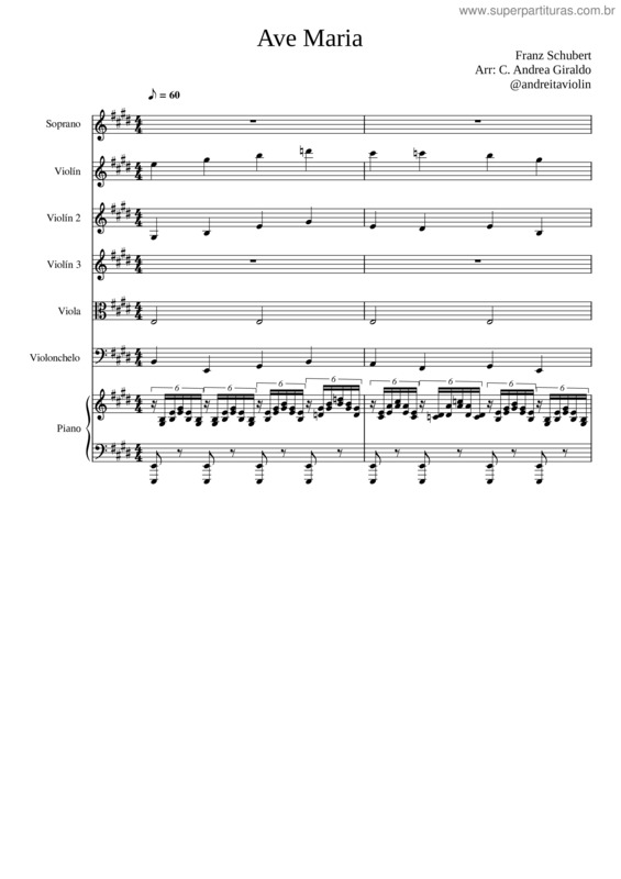 Partitura da música Ave_Maria Schubert E Major  – Voz Blanca En Español + Cuarteto De Cuerdas Acompañante + Piano Acompañante