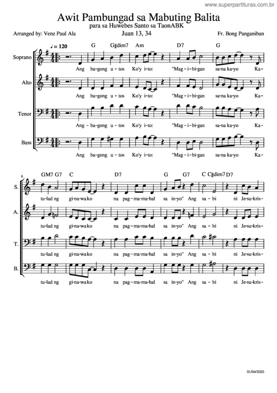 Partitura da música Awit Pambungad Sa Mabuting Balita Para Sa Huwebes Santo Sa Taon Abk