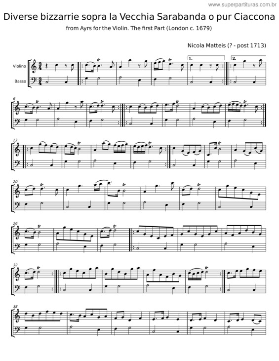 Partitura da música Ayrs For The Violin: The First Part: Diverse Bizzarrie Sopra La Vecchia Sarabanda Ò Pur Ciaccona – v.2