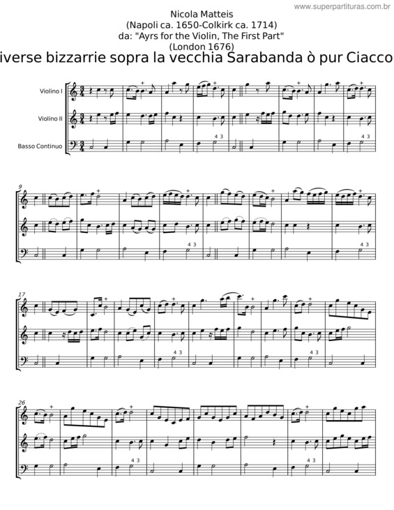 Partitura da música Ayrs For The Violin: The First Part: Diverse Bizzarrie Sopra La Vecchia Sarabanda Ò Pur Ciaccona –