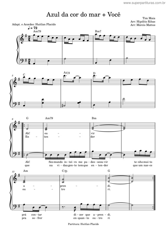 Partitura da música Azul Da Cor Do Mar – Tim Maia Azul Da Cor Do Mar + Você