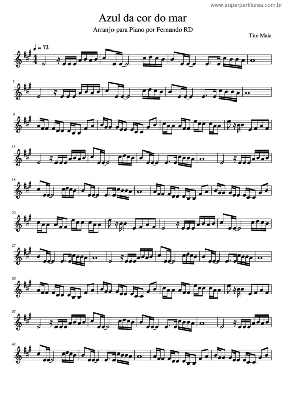 Partitura da música Azul Da Cor Do Mar – Tim Maia