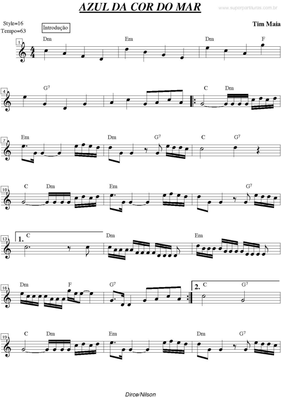 Partitura da música Azul Da Cor Do Mar v.2