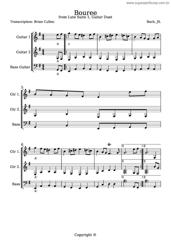 Partitura da música Bach, Js. Lute Suite #1. Bouree Eminor For Students In Guitar And Bass Trio