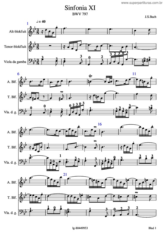 Partitura da música Bach J.S. Sinfonia Xi