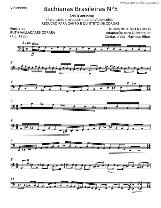Partitura da música Bachianas Brasileiras No.5, W389–391 – Heitor Villa–Lobos