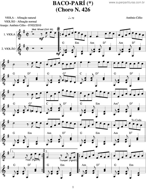 Partitura da música Baco